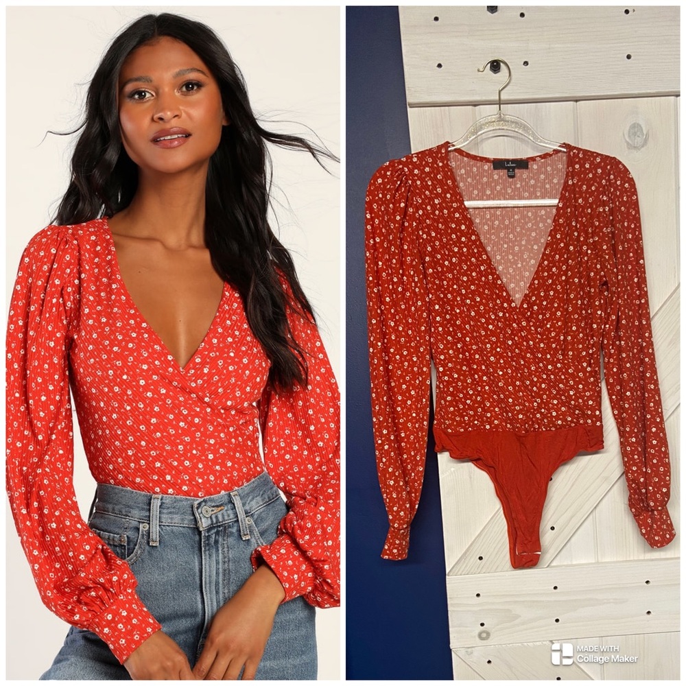 Lulus Red Ditzy Floral Print Ribbed Long Sleeve Bodysuit Medium
